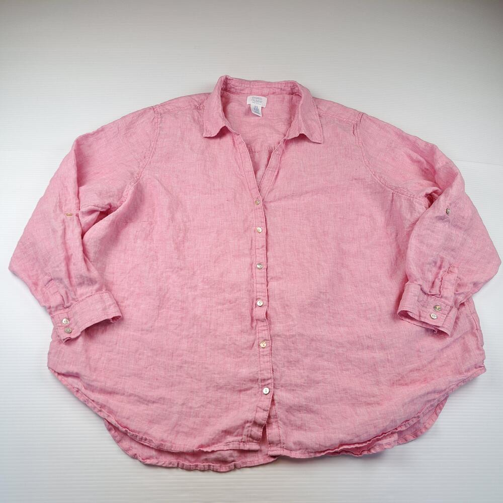 Sigrid Olsen Shirt Womens Plus 3X Pink Linen Button Front Long Sleeve Tunic Top